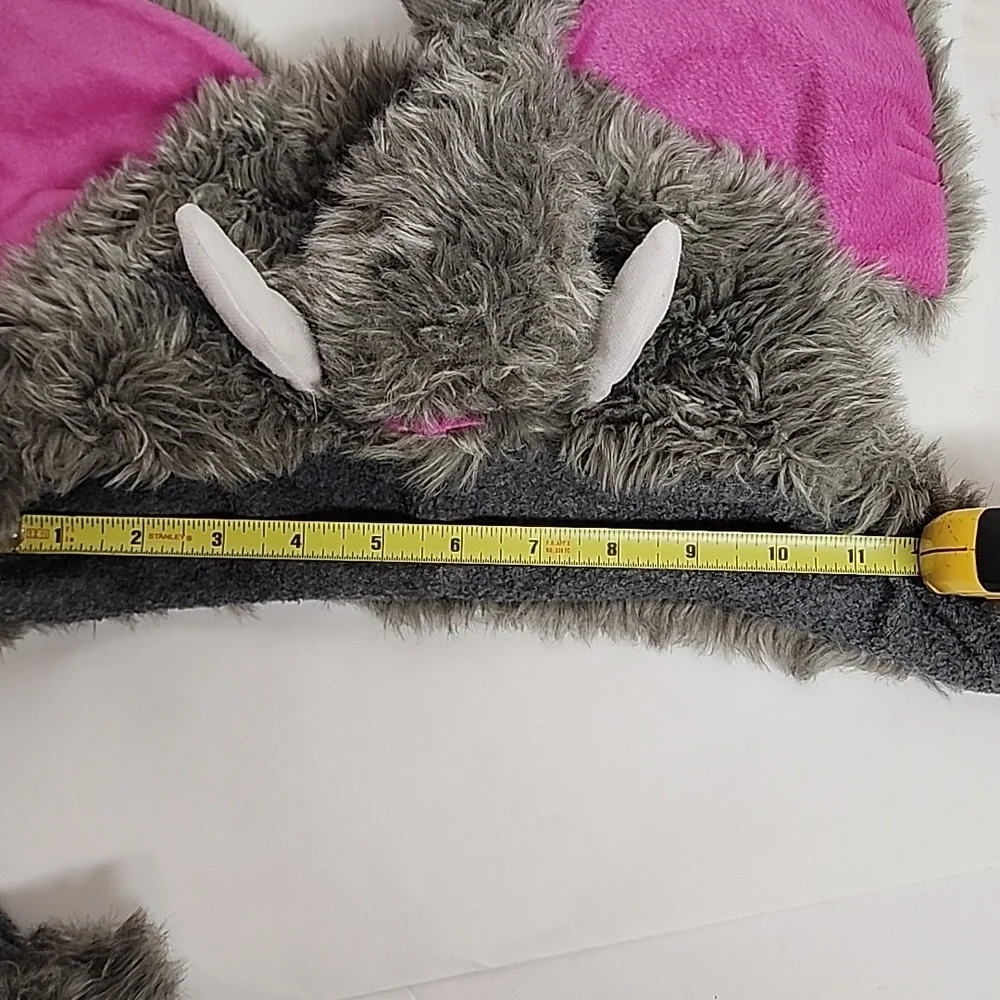 Plush Elephant Hat with Pink Ears, White Tusks, And Adorable Trunk.
